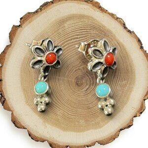 Vintage 925 Sterling Silver Turquoise & Coral Flower Dangle Drop Earrings